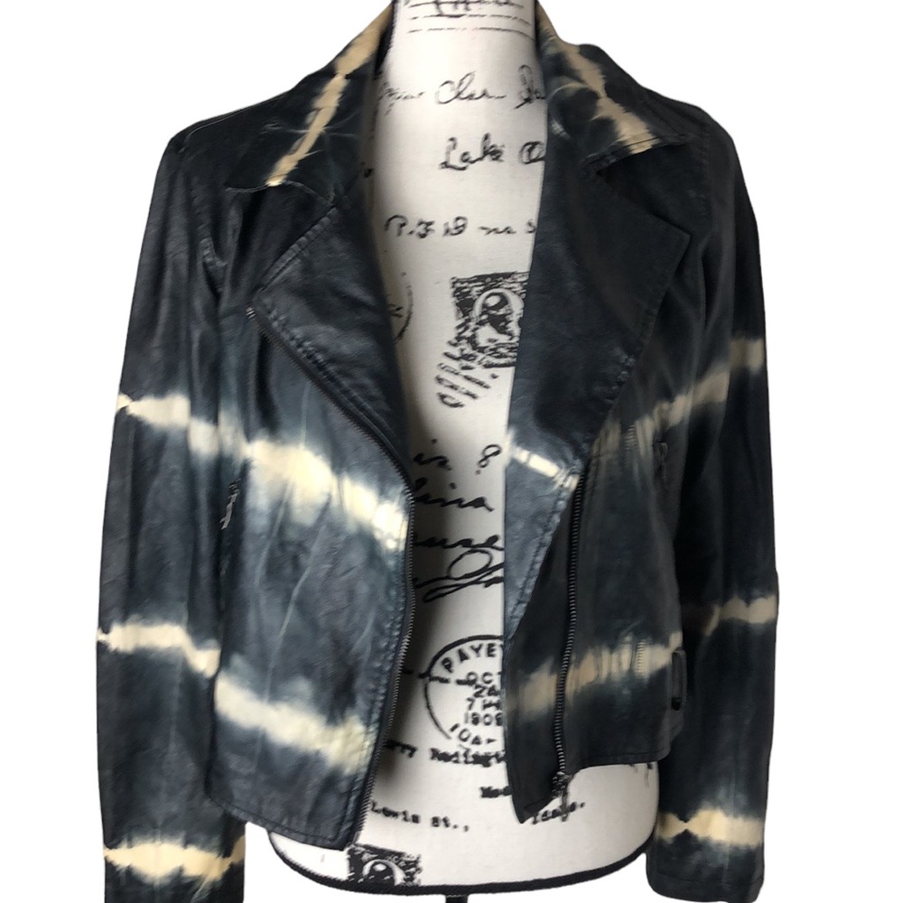 Black Tie Dye Style Faux Leather Moto Jacket Size S